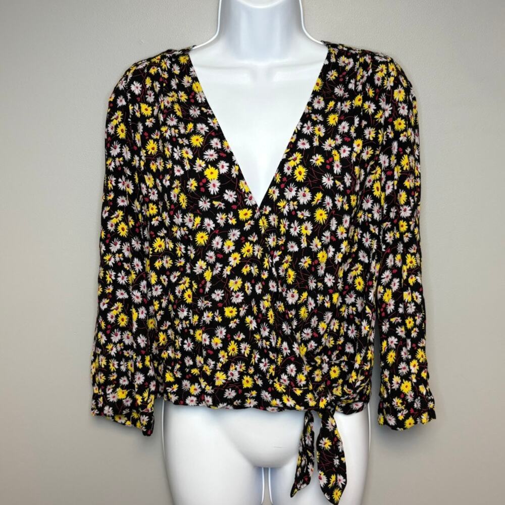 Madewell Black Floral Wrap Cropped Tie-Front 3/4 Sleeve Blouse Sz L‎ **FLAWED**